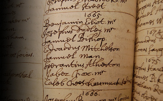 Detail from College Book I, listing the members of the Harvard College Class of 1665, including Caleb Cheeshahteaumuck, the first Native American to graduate from Harvard. UAI 5.5