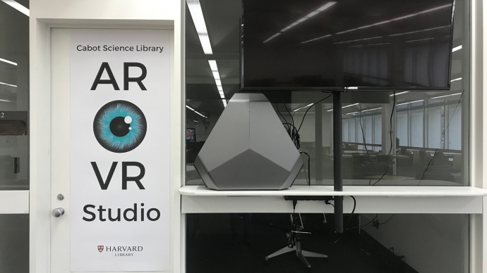 The entrance to the virtual reality studios on the second floor of the Cabot Science Library. 