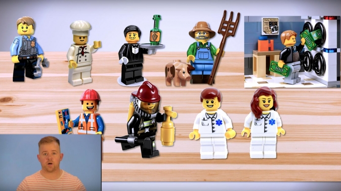 A screenshot from a Touchscape video. It shows the instructor in the corner and Lego people representing different professions. 