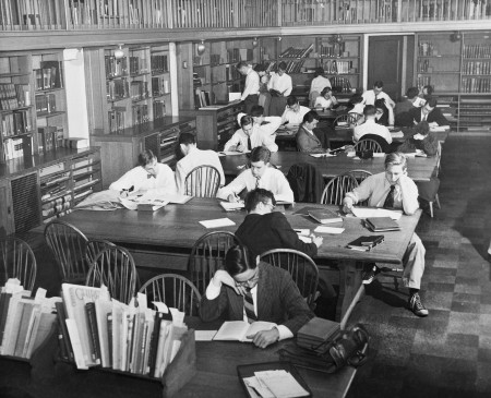 The Fine Arts Library reading room circa 1951, with students studying at tables