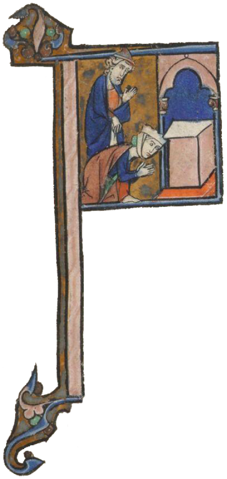 Historiated initial "F" featuring Elkanah and Hannah praying in Temple