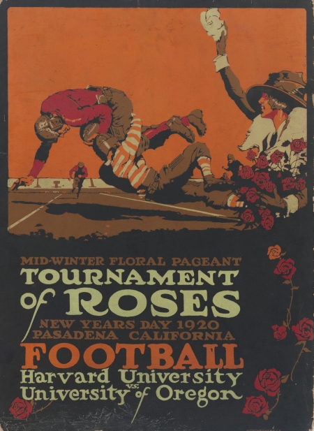Poster for the Tournament of Roses, played on New Years Day 1920 in Pasadena, California by Harvard University and the University of Oregon.