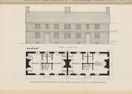 An architectural drawing of plans for restoring the Indian College building at Harvard.