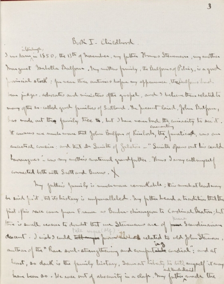 A page from Robert Louis Stevenson's unpublished manuscript, Memoirs of himself, 1880. 