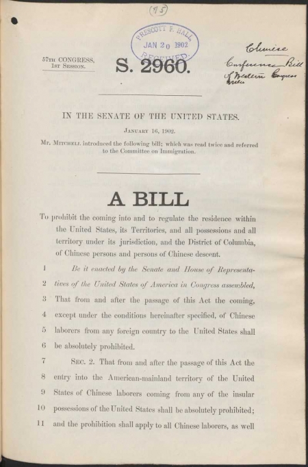 First page of a bill introduced to regulate the movement and residence of Chinese persons and persons of Chinese descent.