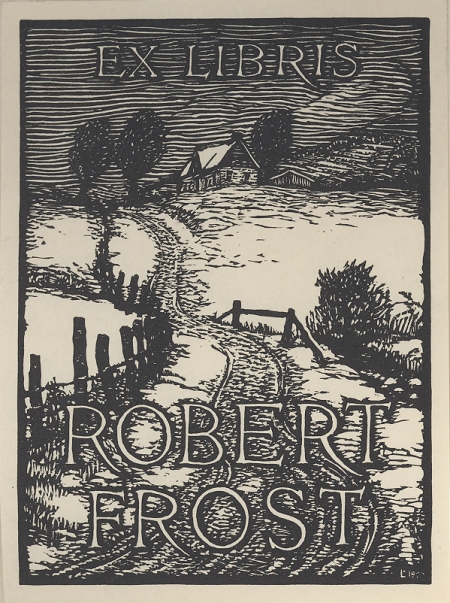 Bookplate with "Robert Frost" on it and a wintry field background