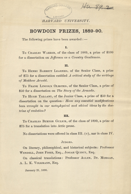 Printed list of works awarded the Bowdoin prize in 1889-1890.