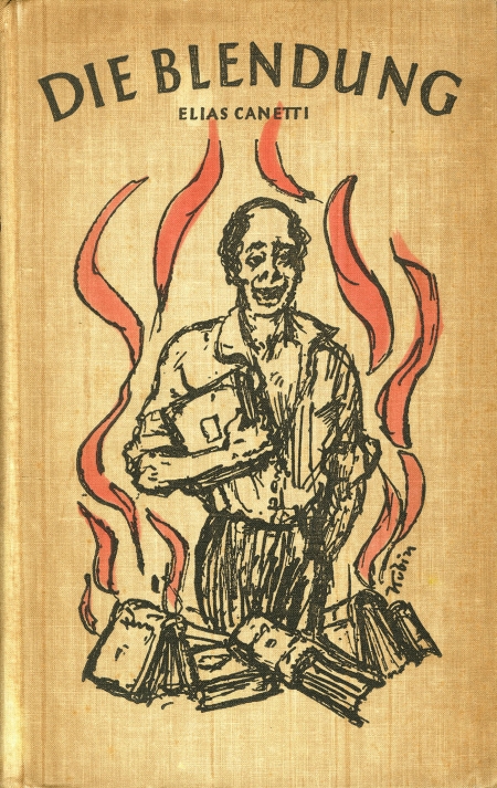 Cover of German book "Die Blendung" with an individual surrounded by burning books