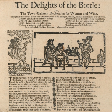 Title page of "The Delights of the Bottle" with illustration of three people