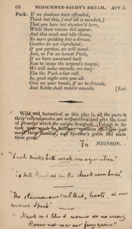 John Keats comments on Samuel Johnson's critique of Shakespeare's A Midsummer Night's Dream: "Fie, Johnson!"