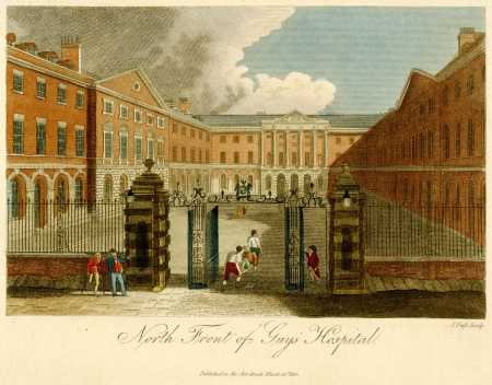 North Front of Guy’s Hospital. Hand-colored engraving, 1815. 
