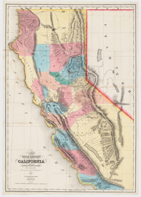Colorful map, dating back to 1851, of California with designations regarding the location of gold 