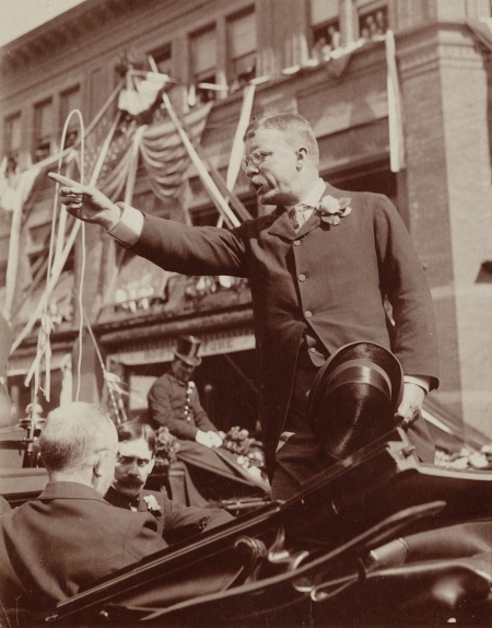 Theodore Roosevelt delivering a speech from a carriage in Connecticut. 
