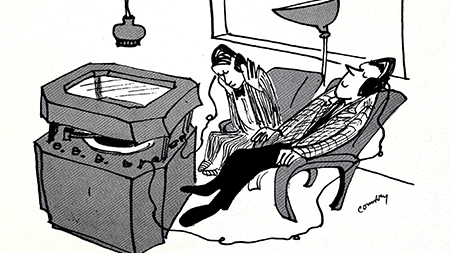 Cartoon of students listening to records in the Lamont Poetry Room