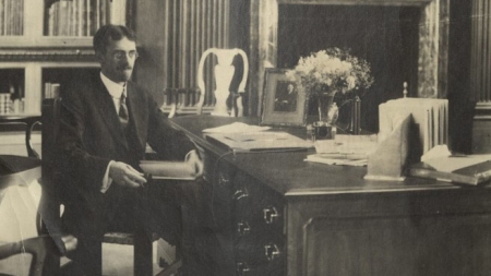 George Parker Winship in the Widener Memorial Room, circa 1920.
