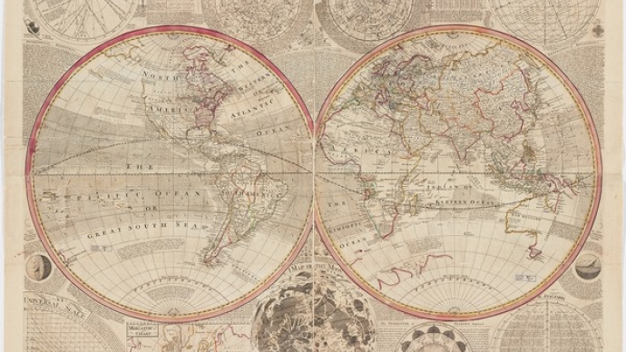 research support online Old world map drawing page scan