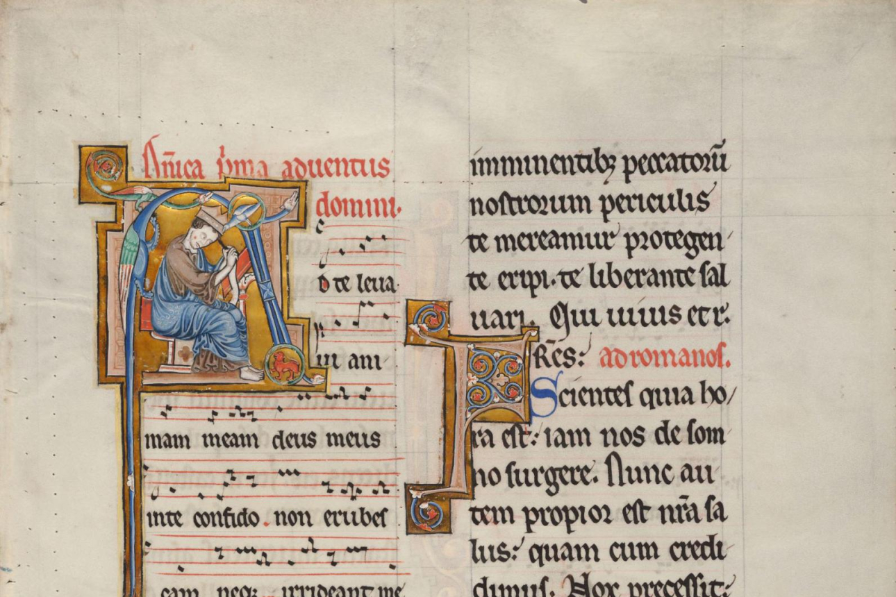 Historiated initial "A" featuring Gregory the Great. Detail from a leaf from the Noyon Missal.
