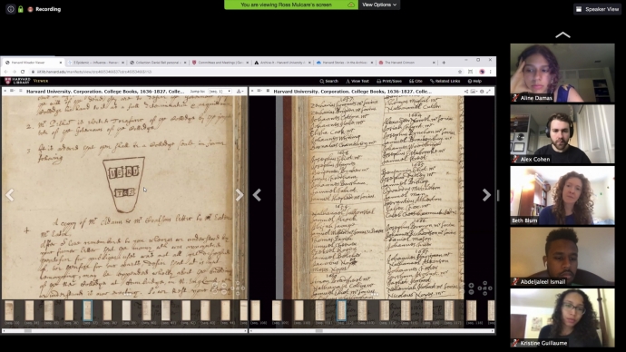 Zoom teleconference meeting with students and professor on the right and historical documents in the middle