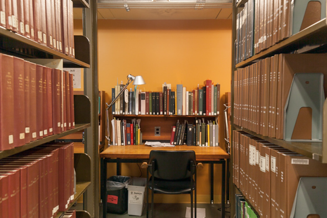 A view of a carrel, or small desk, in the stacks at the Fine Arts Library