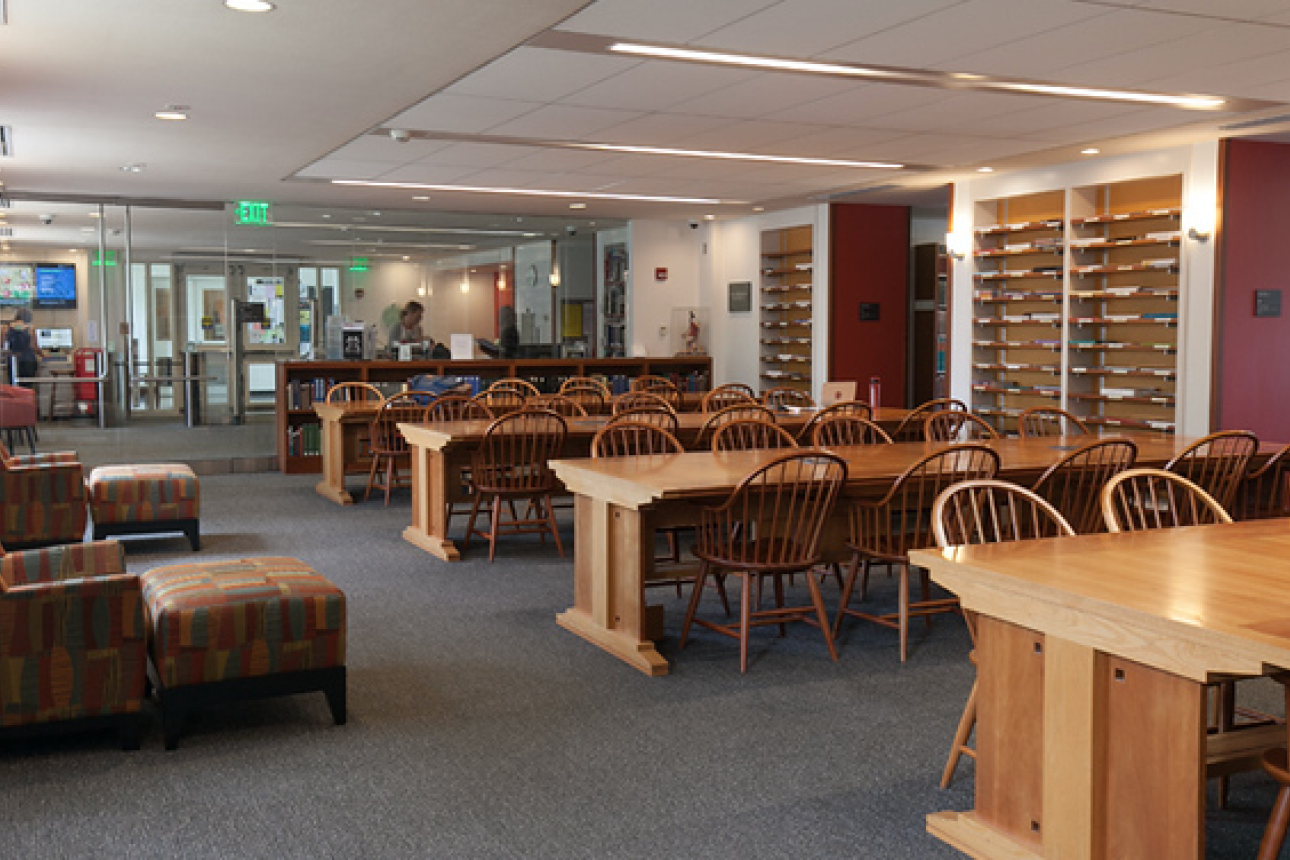 Open tables and chairs in the main reading room at the Fine Arts Library