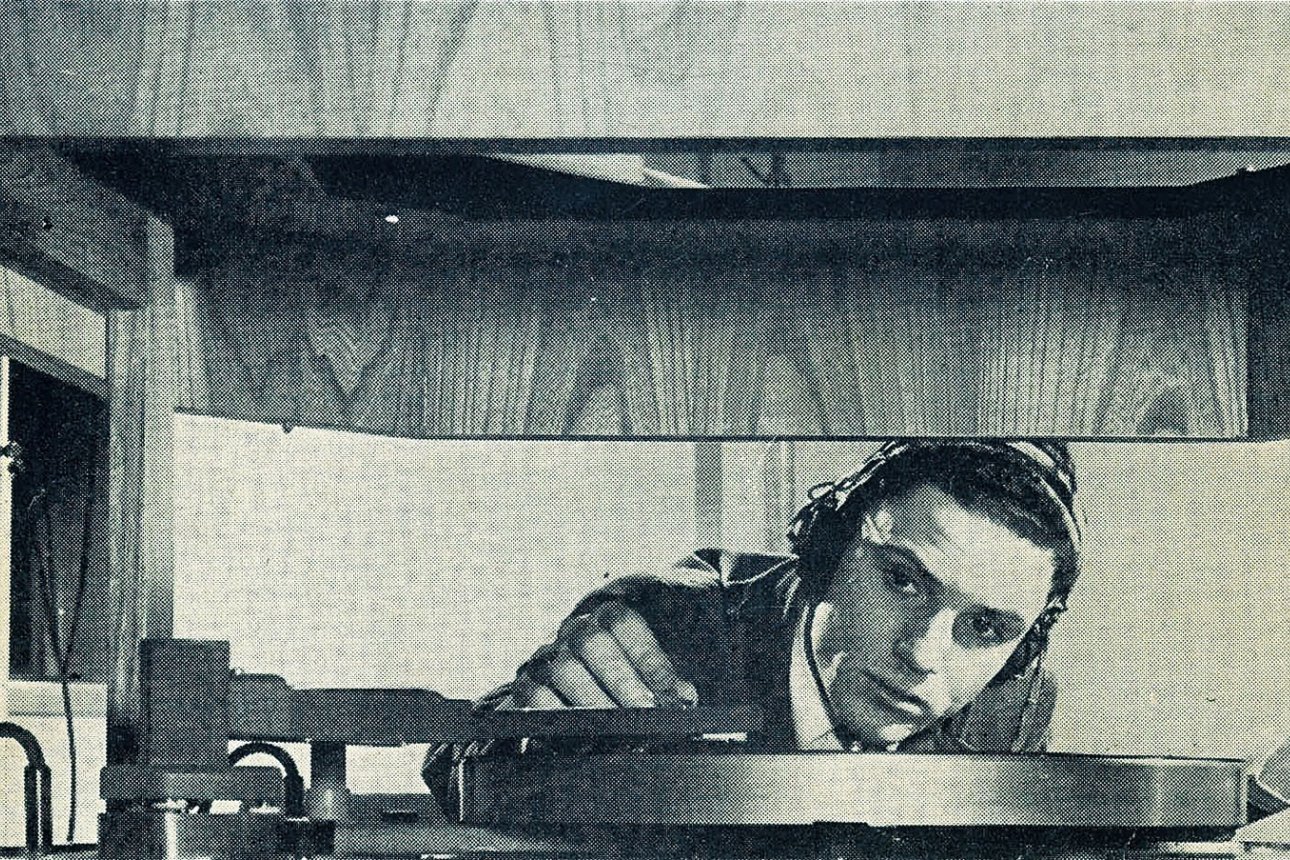 A student using the turntables in the Woodberry Poetry Room, circa 1949