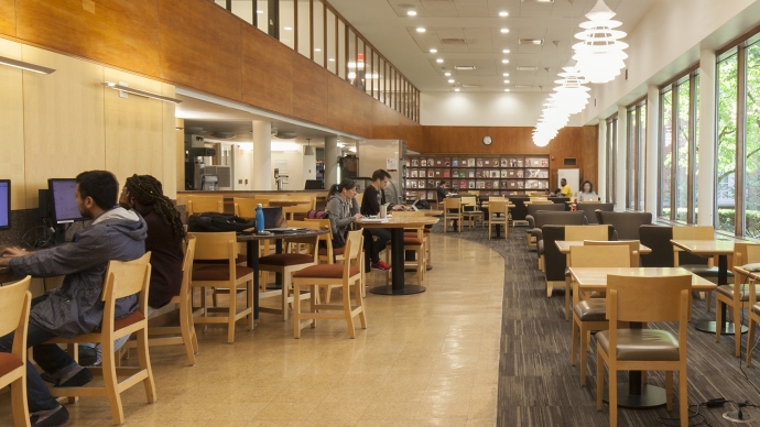 Lamont Library Cafe with students working at tables