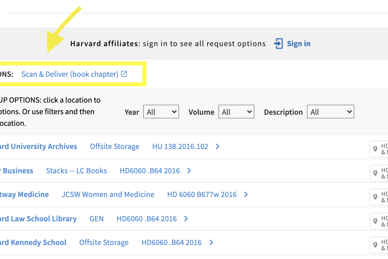 Screenshot of Scan & Deliver button in HOLLIS