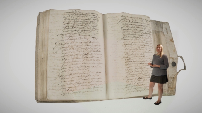 a book with a woman in front of it 