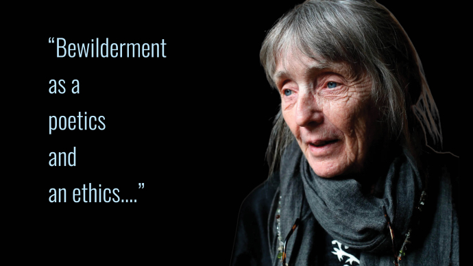 Black box with woman poet on the right, facing a quote "Bewilderment as a poetics and an ethics."