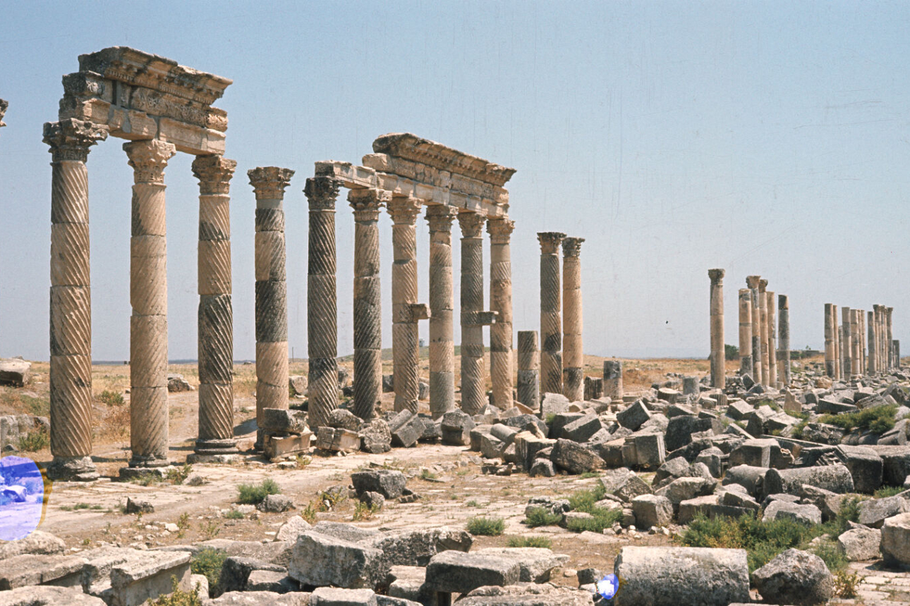 The remains of an early Christian church in Syria, columns are seen lined up