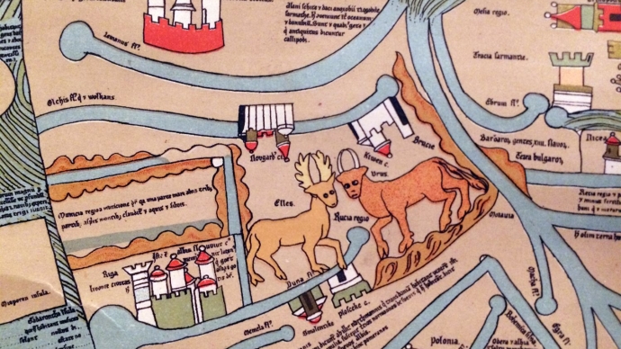 A section of the Ebstorf World Map - a temporal-spatial representation of the known world, embraced within the body of Christ.