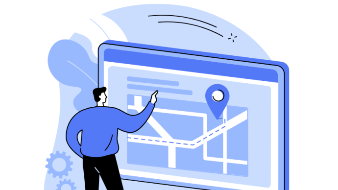 An illustration of a person looking at a map on a screen.