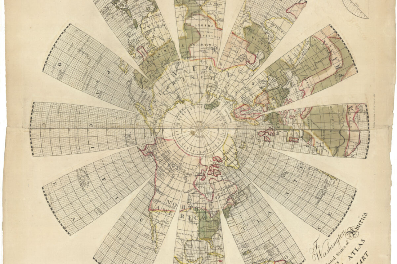 Hand-colored 18th-century polar projection map arranged in wedge-shaped gores radiating from the North Pole. Continents are labeled and outlined in red and yellow, with dense grid lines and magnetic variation markings. Title at lower right reads “Magnetic Atlas or Variation Chart,” dedicated to George Washington and inscribed by John Churchman.