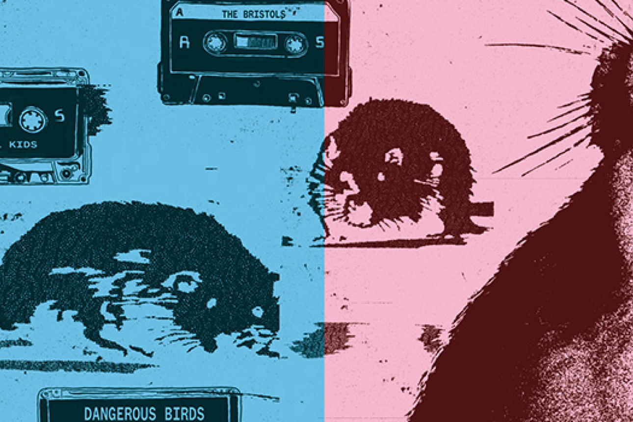 A montage of rats and cassette tapes with the names of Boston bands.