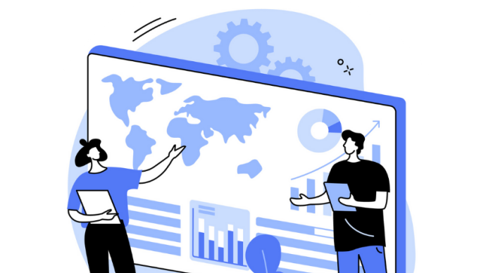 An illustration of two people pointing to different data visualizations.