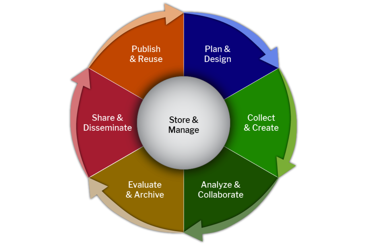 An illustration showing the lifecycle of research data. Stages of the lifecycle include "Plan & Design", "Collect & Create", "Analyze & Collaborate", "Evaluate & Archives", "Share & Disseminate", and "Publish & Reuse." Each of these cycles are moving continuously around the theme of "Store & Manage."