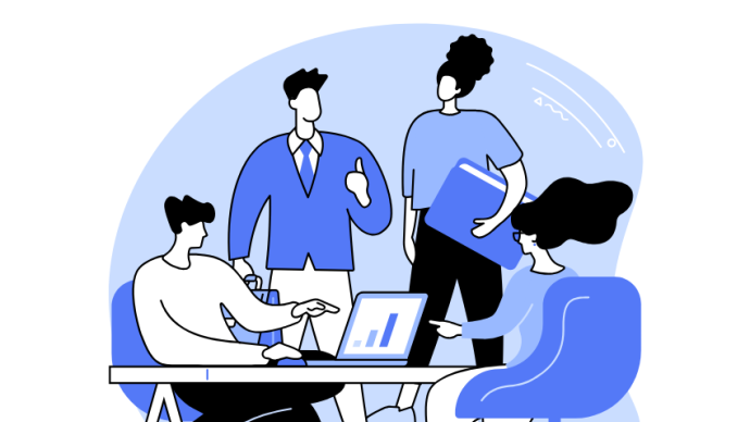 An illustration of a group of people working together around a table.