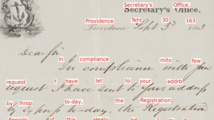 screenshot of an OCR computer program identifying text on a handwritten document