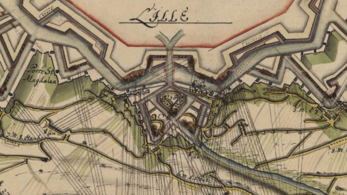 An image of a hand-drawn map depicting the beginning movements of the Siege of Lille.