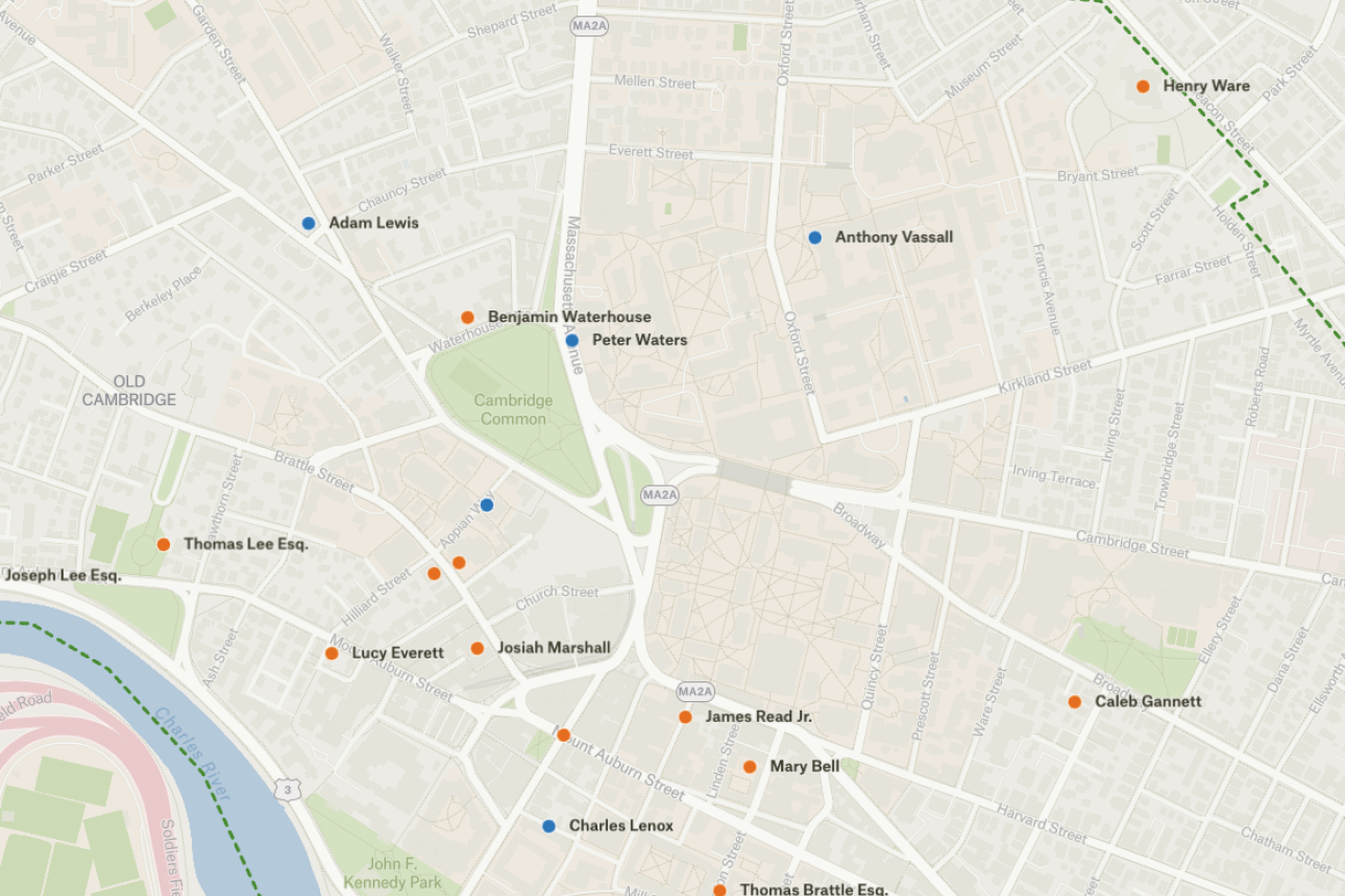 A screenshot of a map of Cambridge with points of interest highlighted