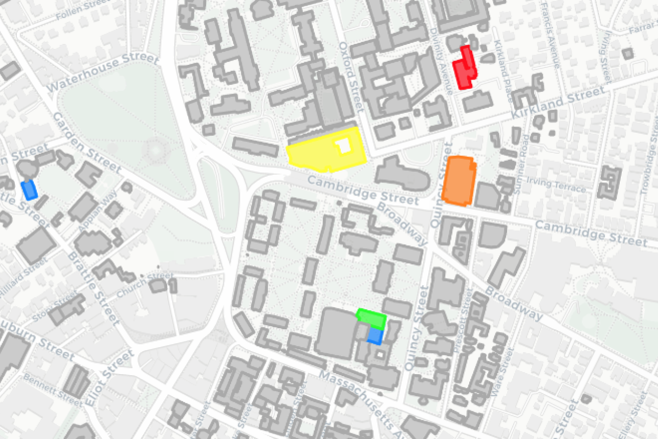 A map with points of interest highlighted in different colors