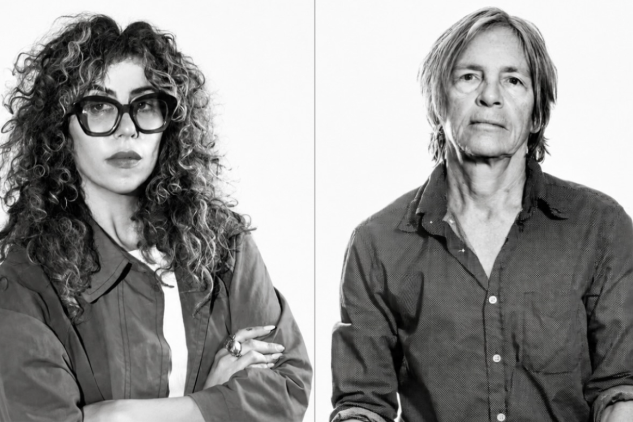 Two headshots one of Ariana Reines on left and one of Eileen Myles on right