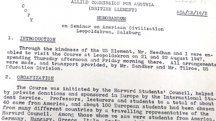 The top of a typewritten memo detailing the establishment of the Salzburg Seminar.