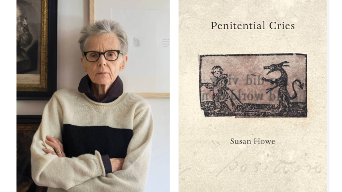 Susan Howe photograph next to her book with title Penitential Cries