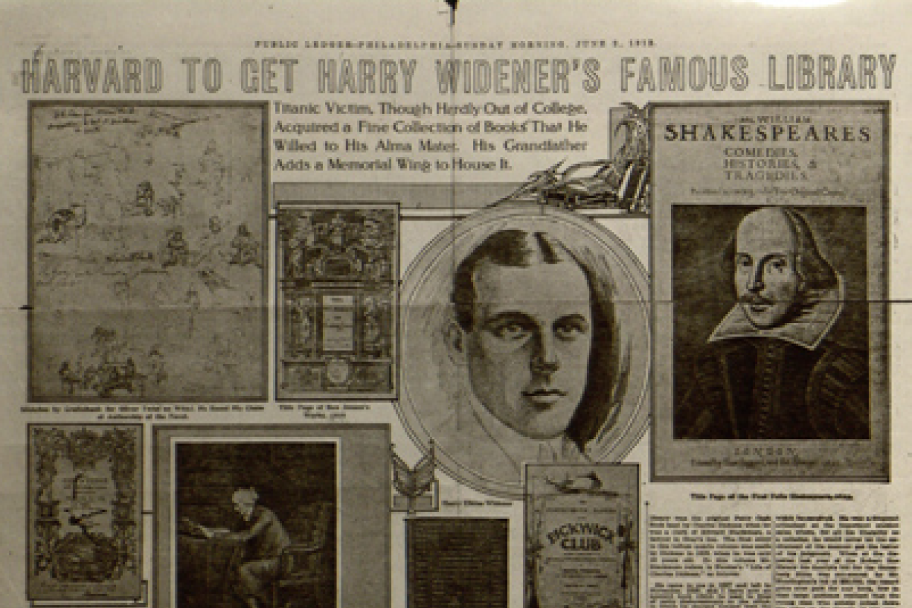 An image of an issue of the Public Ledger—Philadelphia—Sunday Morning, June 2, 1912, with the headline "Harvard to get Harry Widener's famous library"