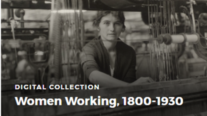 The cover photo of the "Women Working" collection, with a woman looking expressionless at the camera in black-and-white