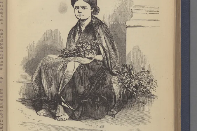 A black and white etching of a barefoot young girl holding flowers sitting next to a wall