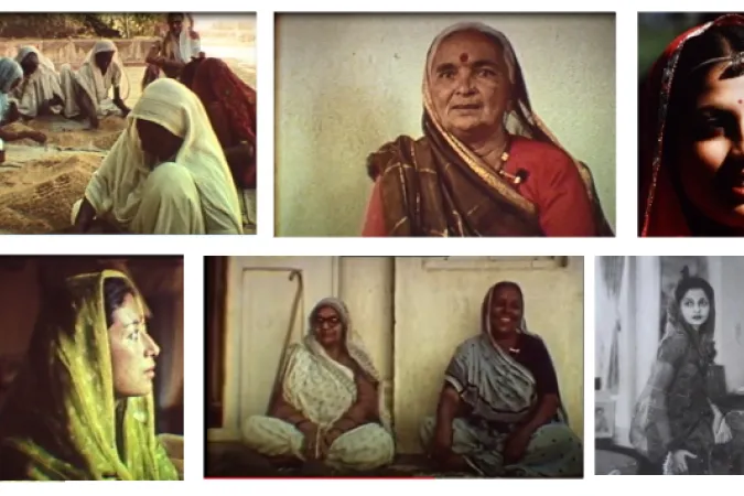 A montage of 6 images of Indian women, including a group of women in saris sit outside sifting grain, and others posing by themselves or in pairs.