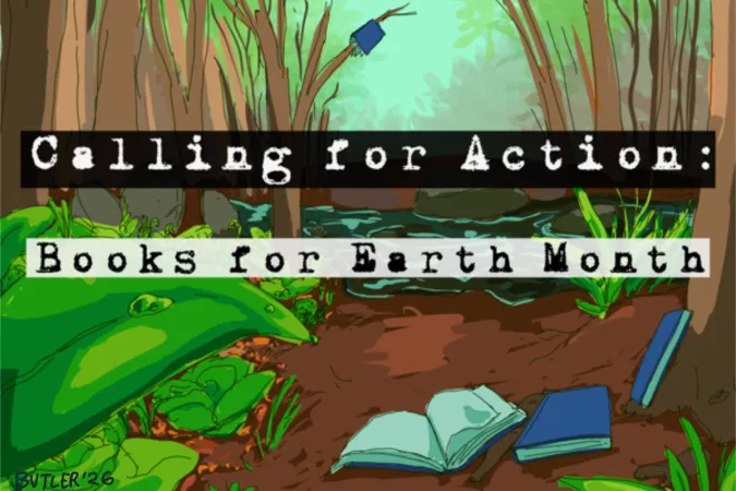 Poster image with the title and an illustration of nature and books on the ground