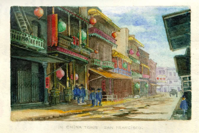 A scan of a colorful tipped-in watercolor of a street scene of San Francisco’s Chinatown in darker colors with crowded compositions.